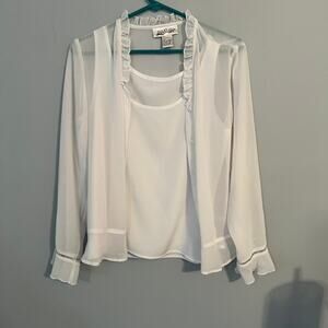 Yves St. Clair White Sheer Ruffle-Trim Blouse with Tank